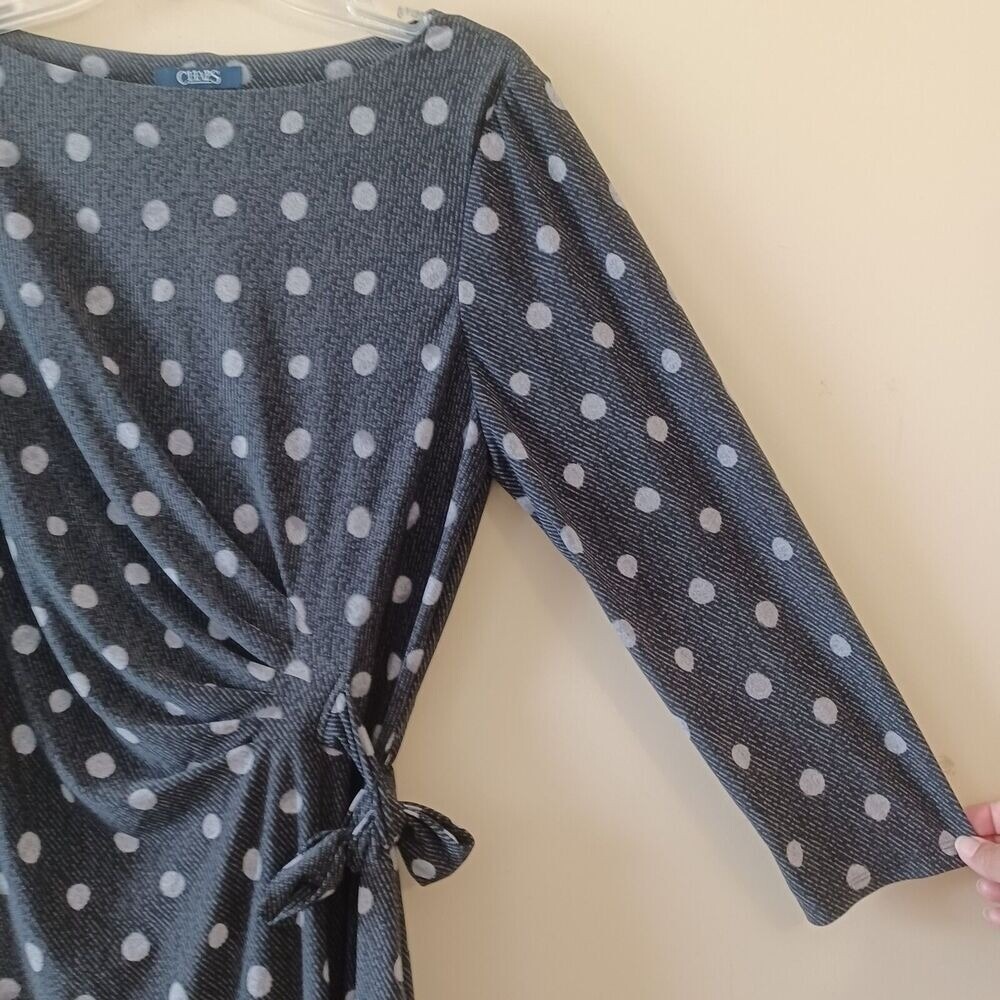 Chaps Dress L Sheath Knee Length 3/4 Sleeve Gray Polka Dot Travel Office Stretch - Picture 3 of 9